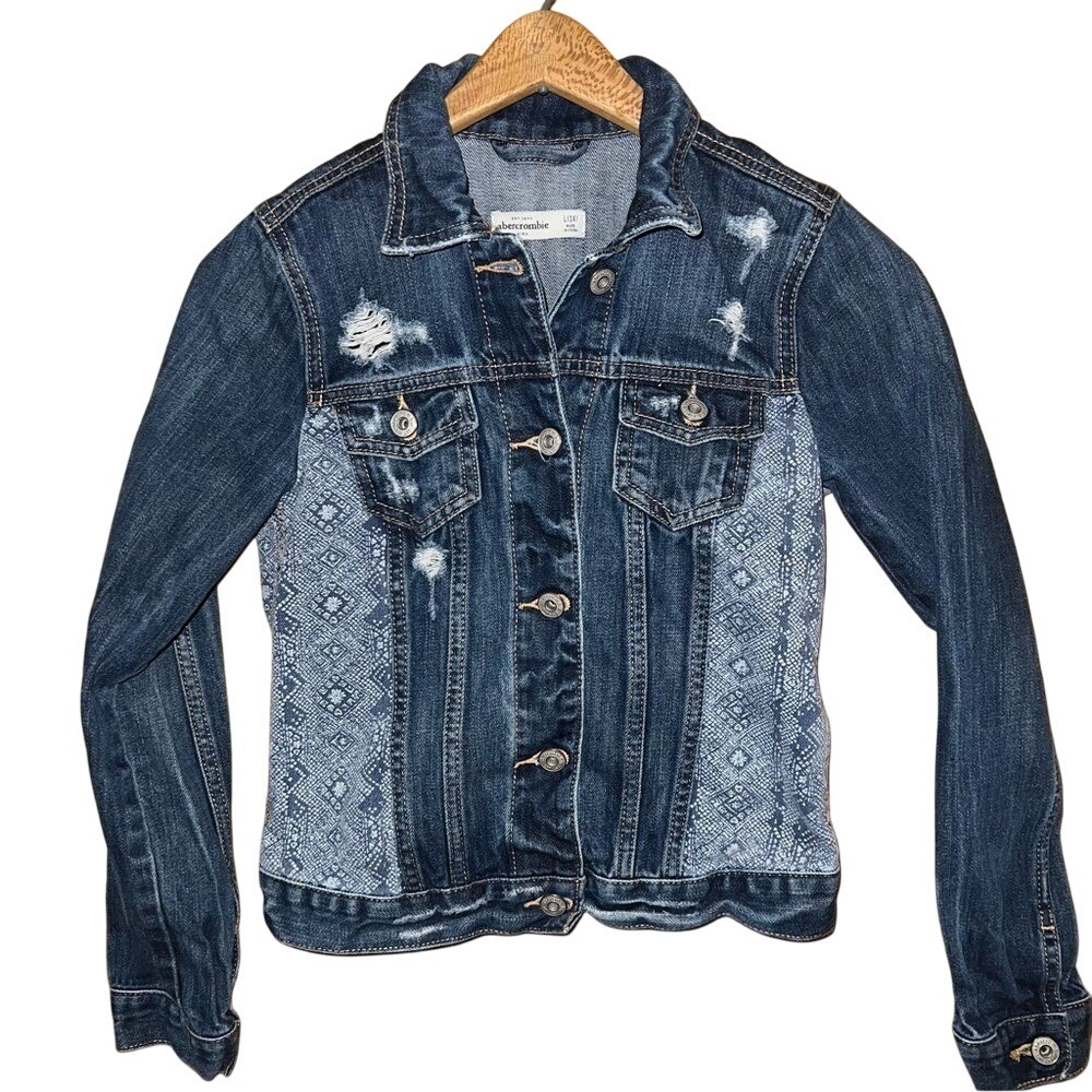 Abercrombie Kids Denim Jacket Distressed Patchwork Geometric Print Blue Size 14‎